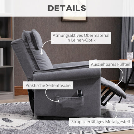HOMCOM Electric Recliner Chair TV Chair Massage Chair Armchair with Stand-Up Aid Relaxing Chair with Reclining Function Linen-Touch Steel 86 x 95 x 106 cm Grey