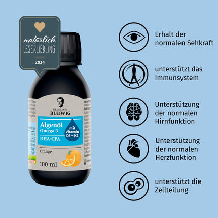 Dr. Johanna Budwig Omega 3 Algae Oil Vegan Orange (100ml) - high dosage, rich in DHA, EPA, vitamin D3 and K2 - liquid algae oil vegan, oil liquid algae oil laboratory-tested