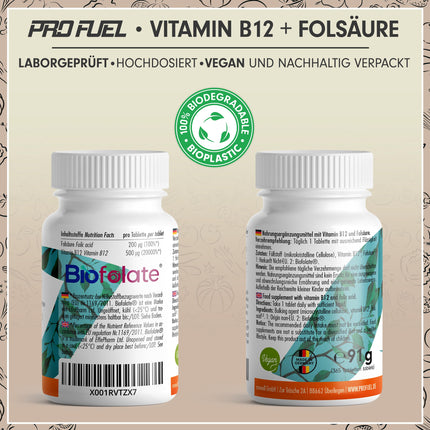 VITAMIN B12 high-dose - 365 tablets with 500µg Vit B12 + 200µg Biofolate® folic acid - Methylcobalamin, Adenosylcobalamin &amp; Hydroxocobalamin Vitamin B12 - laboratory-tested with certificate - 100% vegan