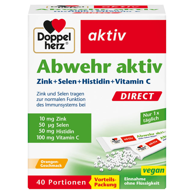 Doppelherz Abwehr aktiv DIRECT - Zinc, Selenium &amp; Vitamin C to support the immune system PLUS Histidine - 40 micro-pellets with orange flavor