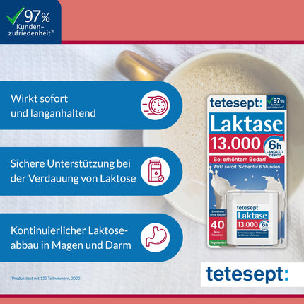tetesept Lactase 13,000 – Lactase tablets for lactose intolerance – Dietary supplement with immediate effect &amp; 6h long-term depot – 1 can of 40 tablets