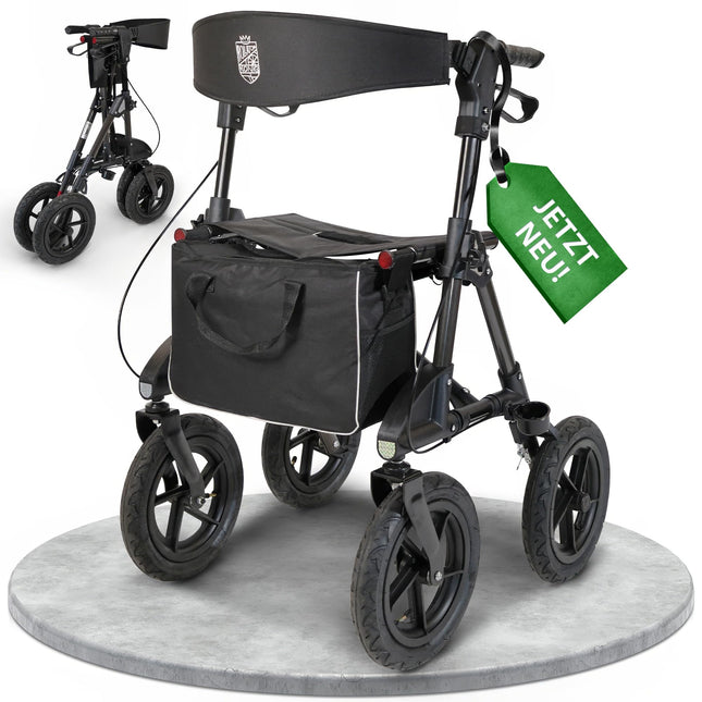Outdoor rollator with pneumatic tires, a comfortable seat, and backrest—rugged, lightweight, and foldable. The affordable all-terrain rollator in titanium black.