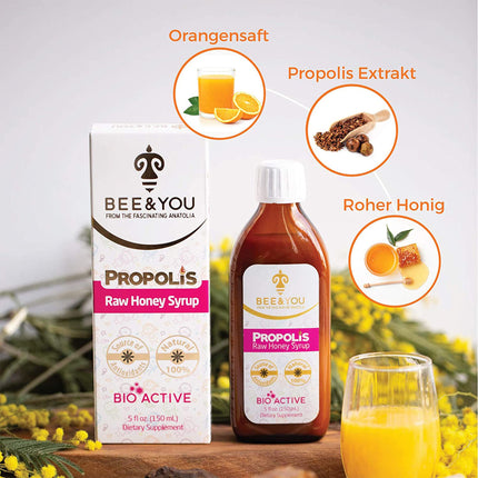 BEE&amp;YOU Propolis Honey Syrup, for children with vitamin C, food supplement for children, 100% natural and without additives, 33 international awards, 12 certificates, gluten-free, sugar-free