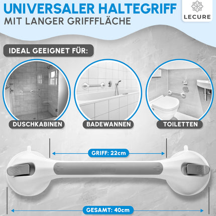 LECURE® Shower Grab Bar [2 Pieces] No Drilling Required - Extra Strong Shower &amp; Bath Grab Bar with Suction Cup - Ideal for Seniors and People with Physical Disabilities [110 kg Load Capacity]