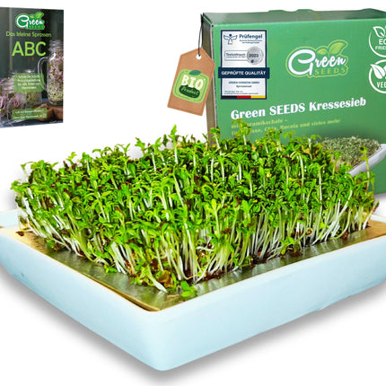 Green SEEDS® Cress Sieve Set | Stainless steel sieve with high-quality ceramic bowl | Growing tray 14 x 14 cm, dishwasher-safe and rust-proof + Sprouting ABC, sustainably packaged
