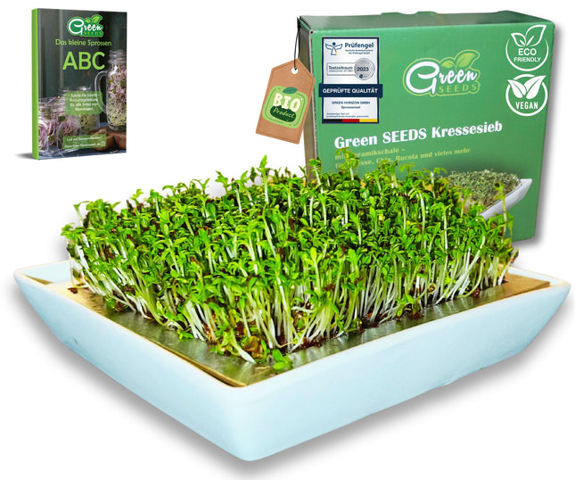 Green SEEDS® Cress Sieve Set | Stainless steel sieve with high-quality ceramic bowl | Growing tray 14 x 14 cm, dishwasher-safe and rust-proof + Sprouting ABC, sustainably packaged