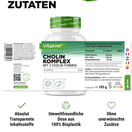 Choline Complex with 3 Choline Forms - 120 Capsules - Bitartrate, Citicoline &amp; Phosphatidylcholine in a synergistic combination - No additives - Vegan