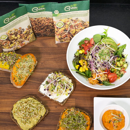 Green SEEDS® [The Original Sprouting Jar Set of 2 + Cress Sieve + 3 x Seed Set with High-Quality Stainless Steel Mesh Lid, Stand, Ceramic Bowl + Sprouting ABC [Print Version] Sprouting Jar Cultivation Set