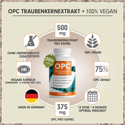 OPC grape seed extract - 240 capsules with 75% pure OPC per capsule - laboratory tested (HPLC method) with certificate: Genuine 75% OPC content - 500 mg - 100% vegan