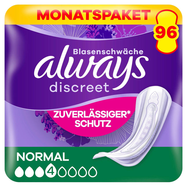 Always Discreet Incontinence Pads Normal, 96 Pads (4 x 24 Pads) Monthly Pack, Discreet Protection &amp; High Absorbency, Odor-Neutralizing (Packaging may vary)
