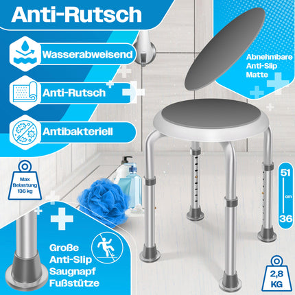 KESSER® Shower Stool, Height-Adjustable 8 Steps | Lightweight Bath Stool with Non-Slip Rubber Feet, 136KG Load Capacity | Shower Aid for Seniors | Suction Cup Grab Handle for Bathtub | Shower Seat with 360° Rotation
