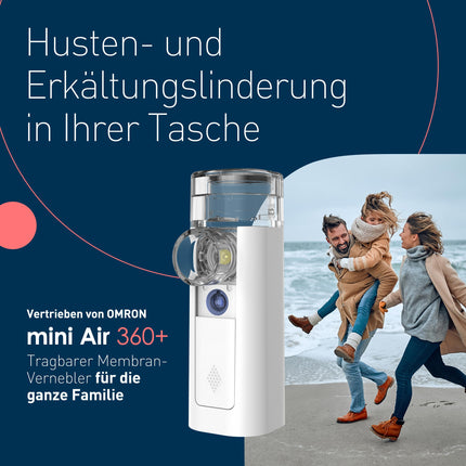 mini Air 360+ distributed by OMRON | Portable, silent nebulizer for adults and children | Inhaler including two masks and mouthpiece | Cough and cold relief | Micro-USB charging