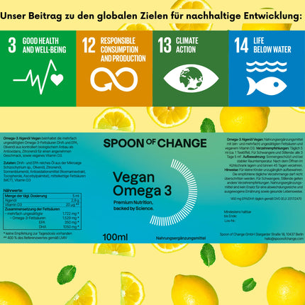 Premium Omega-3 Algae Oil Vegan (2900mg per day) - High Dose - with Lemon - DHA &amp; EPA - Science-Based, Laboratory-Tested - Sustainable - With Vitamin D3 for the Immune System - Spoon of Change®