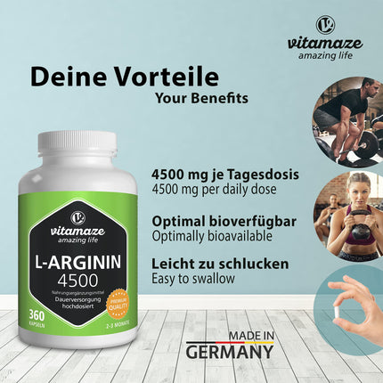 L-Arginine capsules high-dose, 4500 mg per daily dose, 360 capsules of pure L-Arginine HCL from plant fermentation, dietary supplement without unnecessary additives, Made in Germany