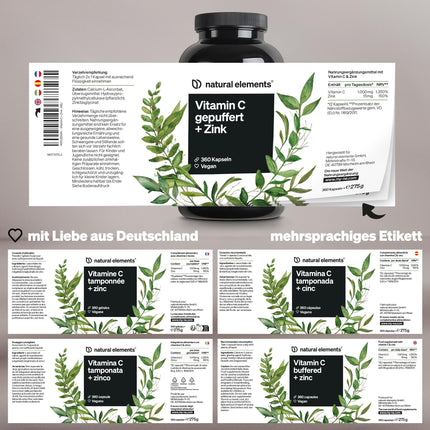 Vitamin C - 360 Capsules - High dosage with 1000mg + 15mg zinc - Plant-fermented &amp; buffered (pH-neutral, acid-free, gentle on the stomach) - Laboratory-tested, vegan, and produced in Germany