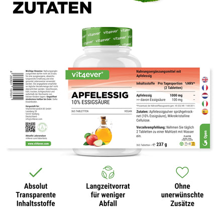 Apple Cider Vinegar - 365 Tablets - High Dose with 1000 mg per Daily Serving - With 10% Apple Acetic Acid - 6 Month Supply - No Unwanted Additives - Vegan