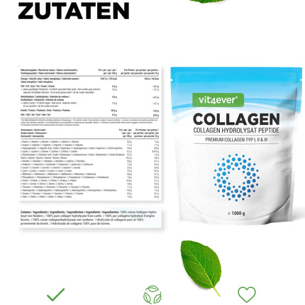 Collagen Powder 1000 g - 100% bioactive collagen hydrolysate peptides - Collagen types 1, 2 &amp; 3 - Tasteless - No additives
