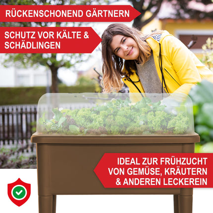 Onbest raised bed/cold frame – with cover/water indicator – made of robust plastic – ideal for garden/patio/balcony – raised herb bed for growing – planter including garden tools (Coffee)