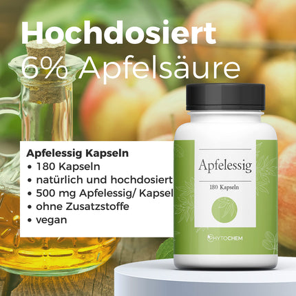 Phytochem Apple Cider Vinegar 180 Capsules, high dose with 500 mg apple cider vinegar powder per capsule, vegan and without additives, laboratory tested, 3-month supply
