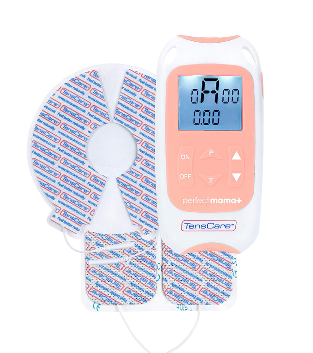 TensCare Perfect Mama+ TENS device provides pain relief during labor and relieves back pain during pregnancy. It provides information on contraction timing and the duration of labor.