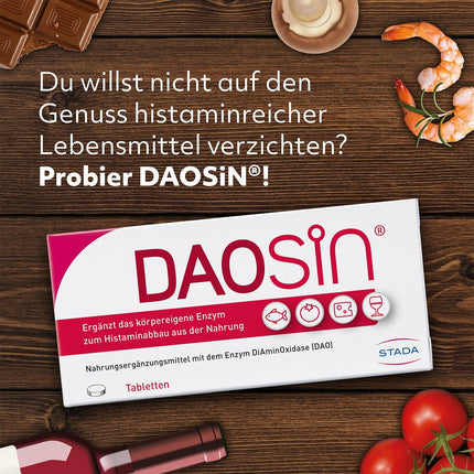 DAOSiN tablets to supplement the body's own DAO enzyme for the breakdown of histamine from food, clinically tested, over 90% recommendation rate - 120 tablets