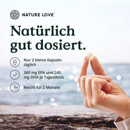 Omega 3 - high dose with 650mg Omega 3 fatty acids per daily dose - 120 small capsules with premium raw material AlaskOmega® (MSC-certified) - produced in Germany without additives