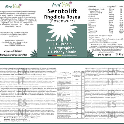 Nord Vital Serotolift - Serotonin and Dopamine Precursors - Rhodiola Rosea, L-Tryptophan, L-Tyrosine, L-Phenylalanine, Chromium, Zinc, Vitamins D3, B5, B6, B9 and B12 - Vegan - Made in Germany