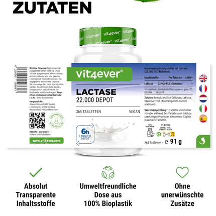 Lactase 22,000 Depot - 365 tablets with depot effect (Sepismart® Slow Release) - High dosage with 22,000 FCC units - For lactose and milk intolerance - No unwanted additives