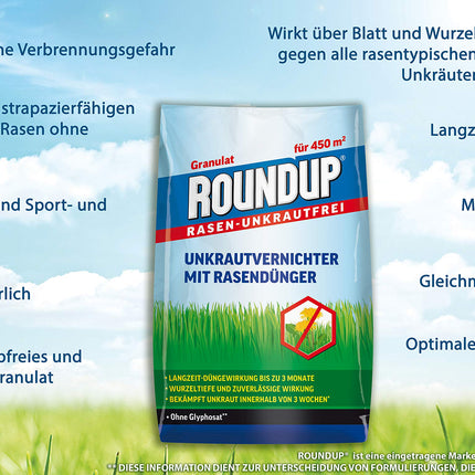 Roundup Lawn Weed Free Lawn Fertilizer, 9 kg, 2-in-1, weed killer plus fertilizer with 100 days of long-term effect for 450 m²