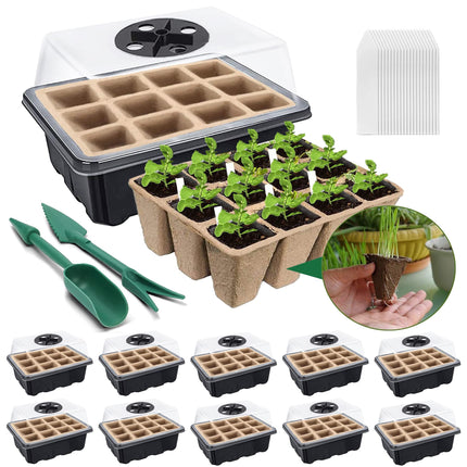 YeahBoom 10 Pack Indoor Greenhouse Propagator, 120 Hole Mini Greenhouse Propagator for Growing, Degradable Grow Pots, with 20 Plant Labels and 2 Gardening Tools, for Growing Seedlings