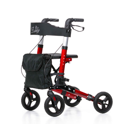 REHASHOP Lightweight Rollator Butterfly red with soft tires and cane holder - Foldable and lightweight