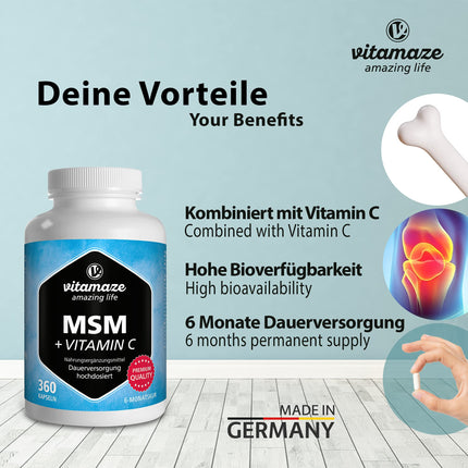MSM capsules + Vitamin C, high-dose, 360 capsules for 6 months, 1,334 mg organic sulfur powder per day, 99.9% pure methylsulfonylmethane, dietary supplement without additives, Made in Germany