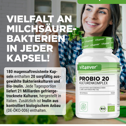 Probio 20 - Culture Complex with 20 bacterial strains + organic inulin - 180 gastro-resistant capsules Bright JC Caps® - 21 billion lactic acid bacteria per daily dose - High dosage - Vegan -