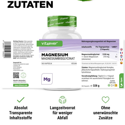 Magnesium Bisglycinate - 365 Capsules - Premium: Chelated Magnesium - 155 mg elemental magnesium per capsule - Laboratory tested - Vegan - High dosage