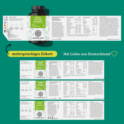Multivitamin Complex – 180 vegan capsules – Vitamins AZ &amp; minerals – with green tea extract and citrus bioflavonoids – high dosage and with bioactive forms – laboratory-tested, without unnecessary additives