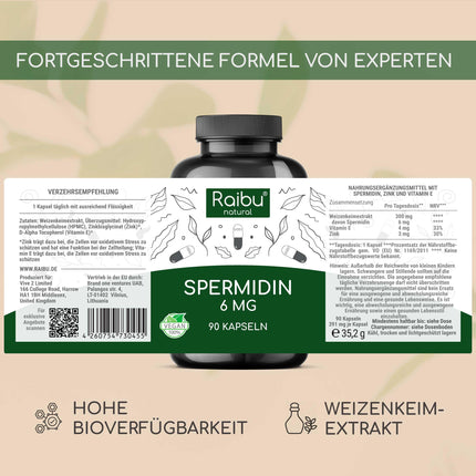 Raibu Spermidine Capsules High Dose - 6 mg Spermidine per Capsule (90 x 6 mg) - From Wheat Germ Extract, 3 Month Supply - Vegan, Natural &amp; No Additives