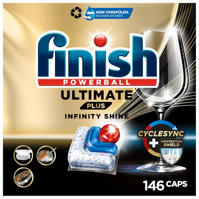Finish Ultimate Plus Infinity Shine Dishwasher Tablets – Dishwasher tablets for intensive cleaning, grease-cutting power and shine with protective shield – 2 x 73 Caps