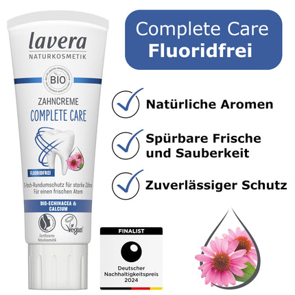lavera Toothpaste Complete Care Fluoride-Free - 5-fold Protection - Organic Plant Ingredients - Organic Echinacea &amp; Calcium - Vegan - Natural Cosmetics - 75 ml