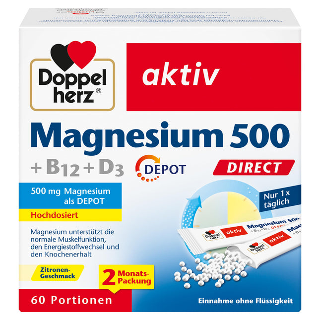 Doppelherz Magnesium 500 + B12 + D3 DIRECT with DEPOT function - Magnesium contributes to the normal function of muscles and the nervous system - 60 servings of micro-pellets with lemon flavor