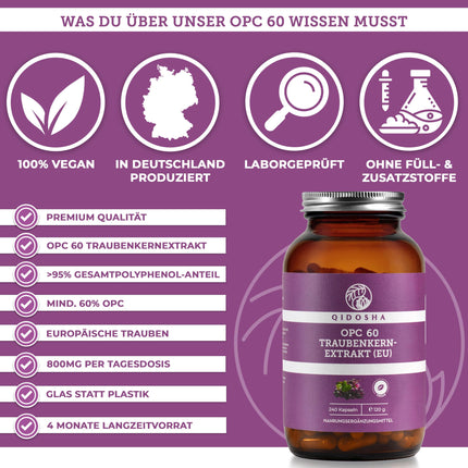 QIDOSHA® Premium OPC Grape Seed Extract High Dose I TEST WINNER 08/2023* I 240 Capsules in a Jar I Grape Seed Extract Capsules High Dose with 60% Pure OPC I Vegan