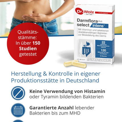 Dr. Wolz Darmflora plus select intens - 80 high-dose capsules - 22 lactic acid bacteria strains - 120 billion bacterial cultures per day - For intestinal mucosa &amp; immune system* - Intestinal treatment
