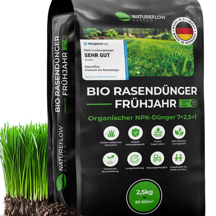 Organic Lawn Fertilizer Spring TEST WINNER Made in Germany – 2.5kg for 100sqm – Organic Lawn Fertilizer for healthy soil &amp; lush green lawn – Lawn Fertilizer, Spring Lawn Fertilizer from Natureflow Garden