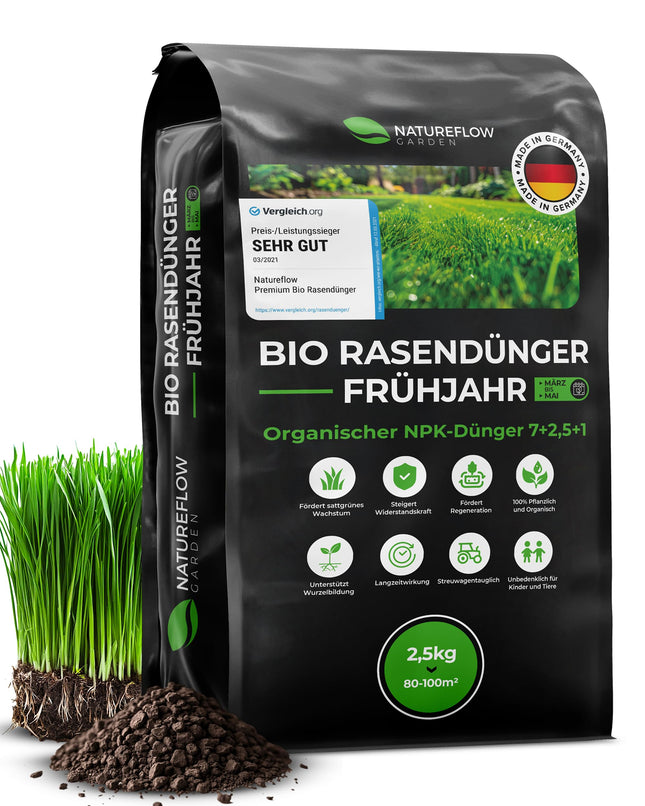 Organic Lawn Fertilizer Spring TEST WINNER Made in Germany – 2.5kg for 100sqm – Organic Lawn Fertilizer for healthy soil &amp; lush green lawn – Lawn Fertilizer, Spring Lawn Fertilizer from Natureflow Garden