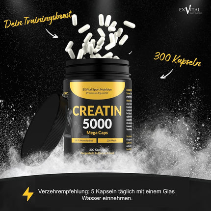 Creatine 5000 Mega Capsules, 5000 mg creatine monohydrate per daily dose, 300 vegan capsules, 100% pure with mesh factor 200 - Vegan &amp; laboratory tested