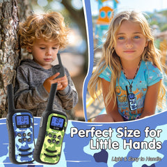 QUOLIX WalkieTalkie Kids, Rechargeable with 24h Talk Time, 3km Range, 8 Channels &amp; 99 Codes, LED Flashlight, Camouflage Design Walkie Talkies for Outdoor, Camping, Hiking (4 Colors)
