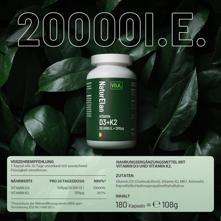 Vitamin D3 K2 capsules high-dose - 20,000 IU + Vitamin K2 MK7 200 mcg per dose, 180 vegetarian capsules, no additives, produced in Germany