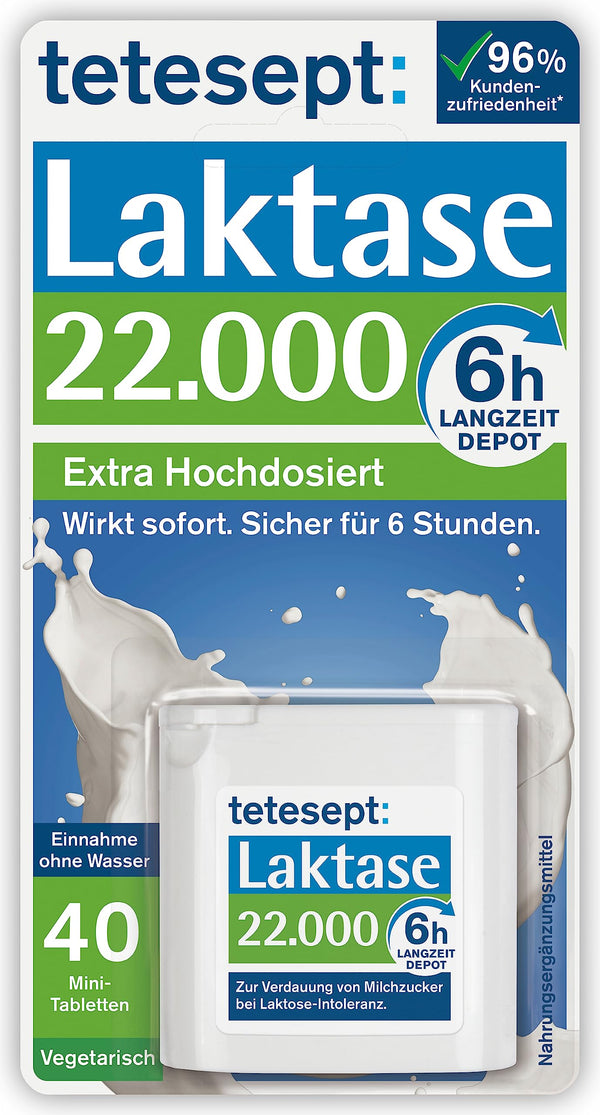 tetesept Lactase 22,000 – Lactase tablets for lactose intolerance – Dietary supplement with immediate effect &amp; 6h long-term depot – 1 can of 40 tablets
