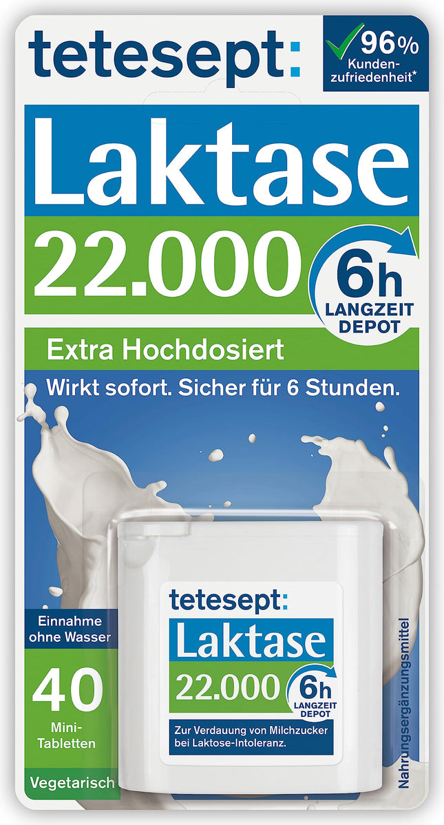 tetesept Lactase 22,000 – Lactase tablets for lactose intolerance – Dietary supplement with immediate effect &amp; 6h long-term depot – 1 can of 40 tablets