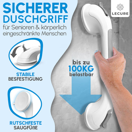 LECURE® Shower Grab Bar [2 Pieces] No Drilling Required - Extra Strong Shower &amp; Bath Grab Bar with Suction Cup - Ideal for Seniors and People with Physical Disabilities [110 kg Load Capacity]