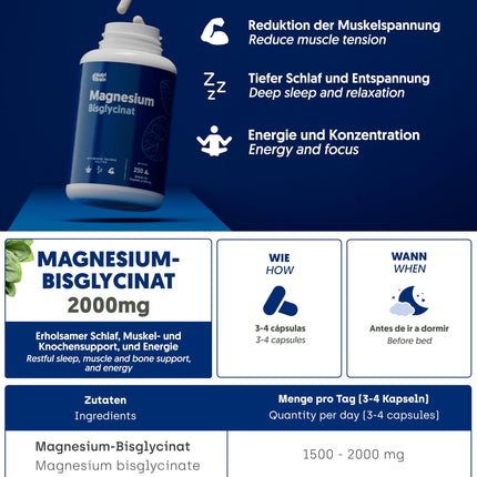 Magnesium bisglycinate 2000 mg - HIGH DOSE, 250 capsules | Premium: Chelated magnesium with high bioavailability for restful sleep, energy, bones and muscles, and concentration.